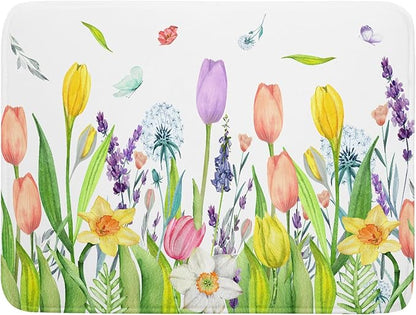 Aportt Spring Floral Dish Drying Mat With Absorbent Reversible Microfiber Watercolor Tulip Lavender Flower Drying Mats 18 x 24 Inch Dish Drainer Mat Fast Dry For Kitchen Dining Room