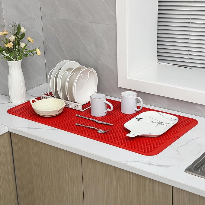 MicoYang Silicone Dish Drying Mat for Multiple Usage,Easy clean,Eco-friendly,Heat-resistant Silicone Mat for Kitchen Counter or Sink,Refrigerator or Drawer Liner Red 5XL 36inches x 18inches