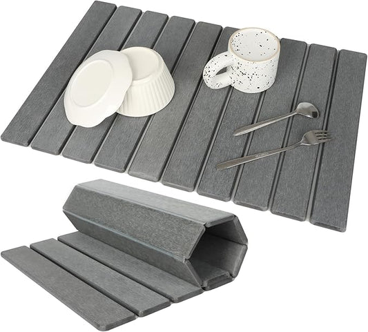 Large Stone Dish Drying Mat for Kitchen Counter, Eco-friendly, Instant Drying Pad,Diatomaceous Earth Water Absorbing Mat, Foldable and Super Absorbent Dish Drying Stone Mat, 24"×16", Dark Gray