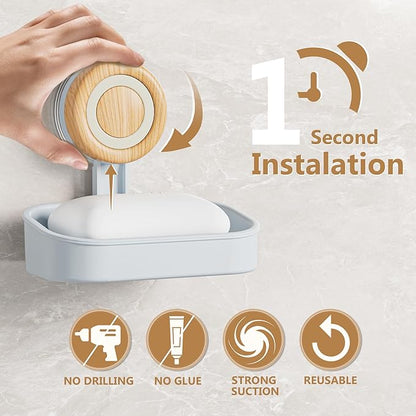 Double Layer Soap Dish for Shower 2 Pack, Wall Mounted Bar Soap Holder Suction Cup 2 Layer Self Draining Soap Case Sponge Holder for Shower Bathroom, Tub and Kitchen Sink, Sky Blue