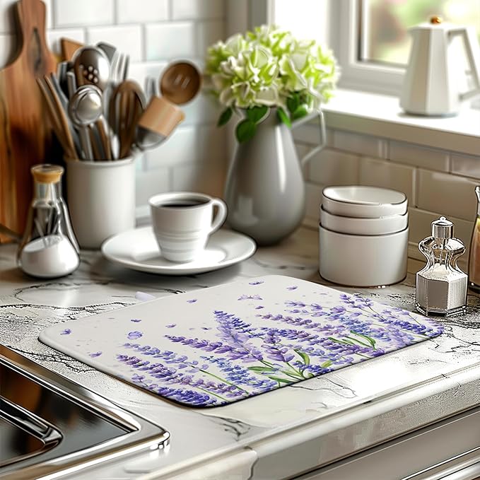 Purple Lavender Dish Drying Mat for Kitchen Counter Spring Summer Flower Floral Dishes Drainer Mats Absorbent Microfiber Dish Drying Pad Washable Dish Draining Mat Medium 16x18 Inch
