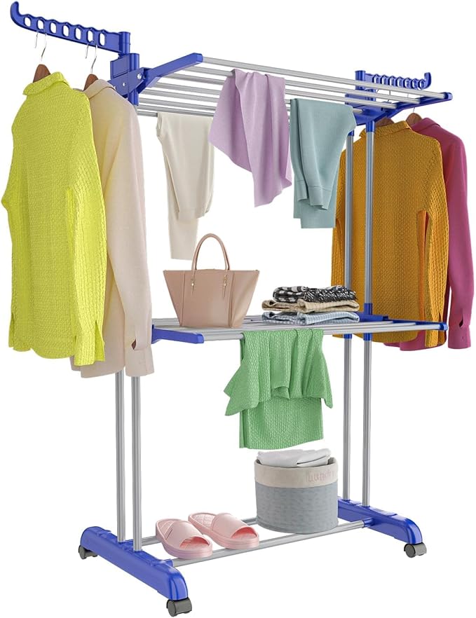 Clothes Drying Rack with Wheels, Multifunctional, 4 Levels, Foldable Stand, Space Saving with Wings Laundry Tower for Indoor and Outdoor Use (Blue White)