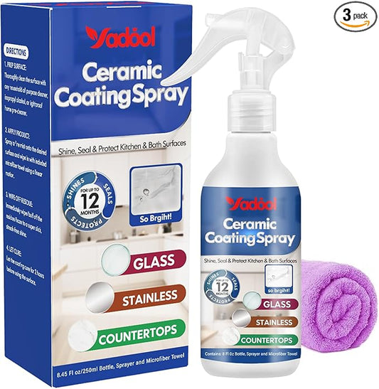Home Ceramic Coating Spray Kit - Shine, Seal & Protect Kitchen & Bath Surfaces, High-Gloss, Repels Stains & Grime Effective - Great for Stainless Steel, Sinks, Countertops, Glass, and More -3PACK