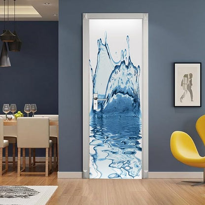 A.Monamour 3D Door Stickers for Interior Doors Splashes of Blue Water on A White Background Vinyl Waterproof Self Adhesive Door Mural Decals for Bedroom Office Bathroom 77x200cm