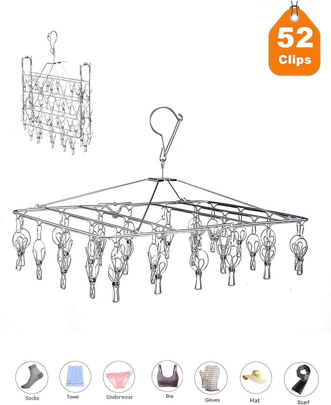 KK5 Stainless Steel Clothes Drying Racks Laundry Drip Hanger Laundry Clothesline Hanging Rack Metal Clothespins Rectangle for Drying Clothes, Towels, Underwear, Lingerie, Socks - 52Clips