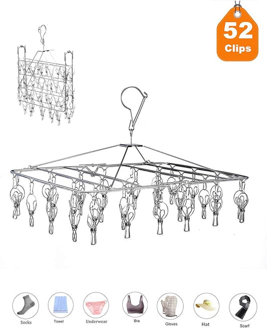 KK5 Stainless Steel Clothes Drying Racks Laundry Drip Hanger Laundry Clothesline Hanging Rack Metal Clothespins Rectangle for Drying Clothes, Towels, Underwear, Lingerie, Socks - 52Clips