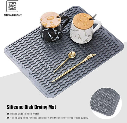 Silicone Dish Drying Mat, Non-Slip Easy Clean Sink Mat Large Heat-resistant Dish Drainer Mat for Kitchen Counter, Sink, Refrigerator or Drawer liner (18" x 16", GREY)