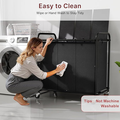 3-Compartment Laundry Cart with Lockable Wheels & Lid 180L Large Wheeled Laundry Basket Heavy-Duty Sorting Organizer for Laundry Room (Black)
