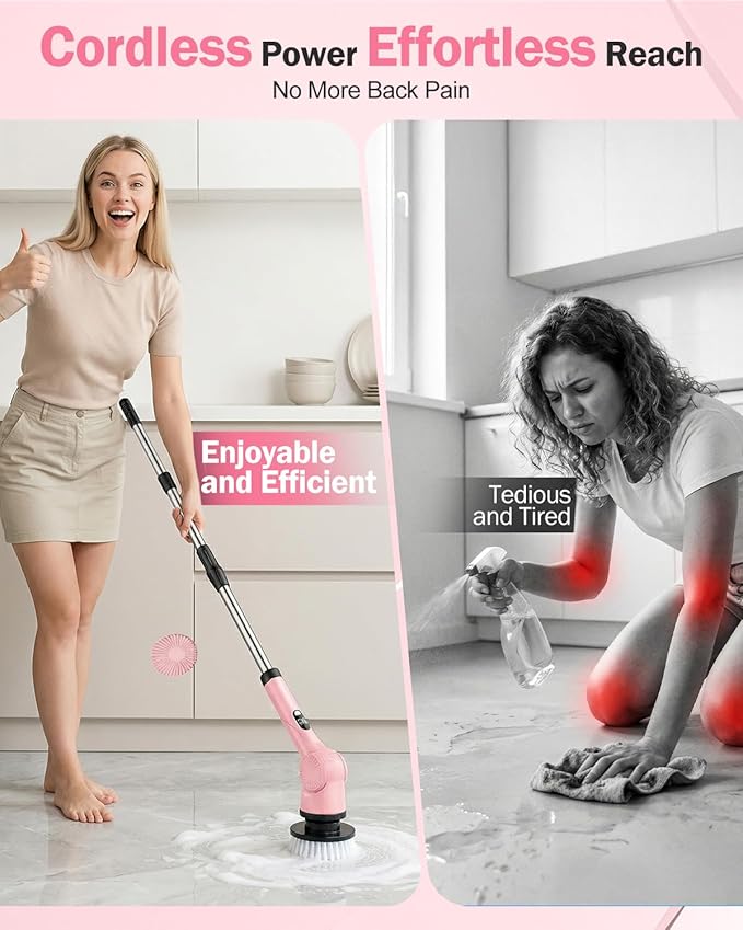 Electric Spin Scrubber, 3-Speed Cordless Shower Scrubber with 90° Adjustable & 10 Replaceable Brush Heads, 90 Mins Runtime & Full-Body IPX7 Waterproof Shower Cleaner Brush with Long Handle