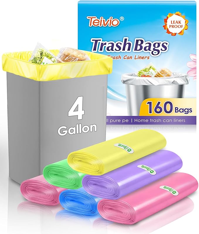 Teivio Small Trash Bags 4 Gallon 160 Counts Clear Colorful Garbage Bags, Bathroom Trash Can Bin Liners, Plastic Bags for home office kitchen, fit 12-15 Liter, 3,3.5,4.5 Gal, Colorful