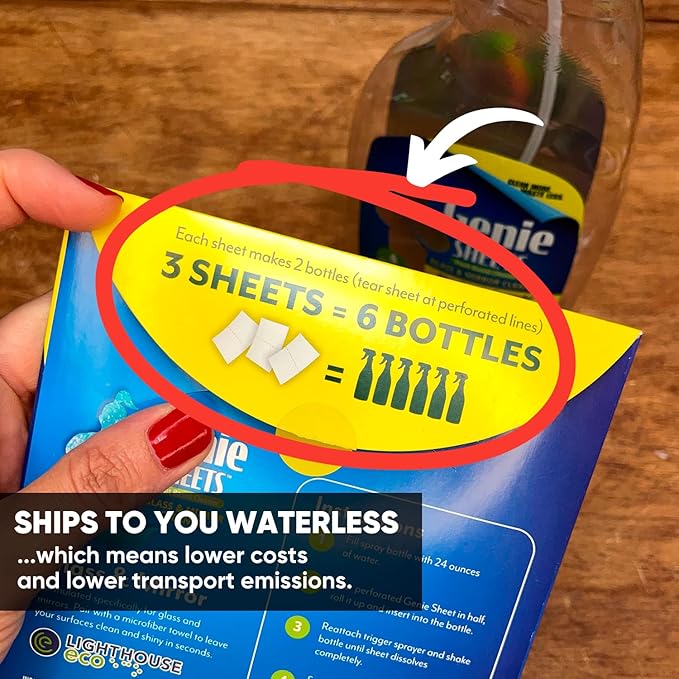 Genie Sheets All Purpose, Glass and Bathroom Cleaners Combo Pack | Concentrate Makes 6 24oz Refills with Spray Bottles | Just Add Water | Eco-Friendly Plant-Based | 6 Sheets