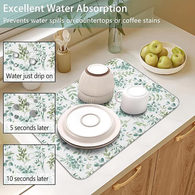 Dish Drying Mat for Kitchen Counter 2 Pack with Non-Slip Rubber Backing - Heat-Resistant Absorbent Coffee Bar Mat, Dish Rack Mat, Green Plant Dish Drying Mats 18x24+19.5x12 inch
