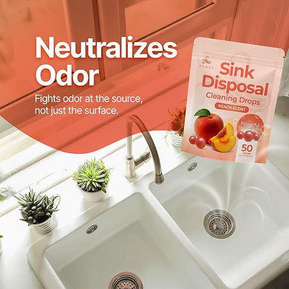 Sink Garbage Disposal Cleaner 50-Count | Easy-Use Garbage Can Odor Eliminator with Powerful Cleaning Action | Peach Scented Sink Drain Cleaner and Sink Smell Eliminator | Quality Home Living by Perfa