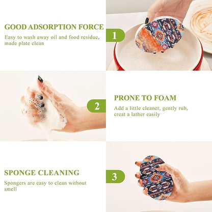 Aztec Kitchen Scrub Sponges, Pop-up Kitchen Cleaning Sponges Reusable Dish Washing Sponges for Bathroom Household Cleaning 3 Pack - Non Scratch Scrubber