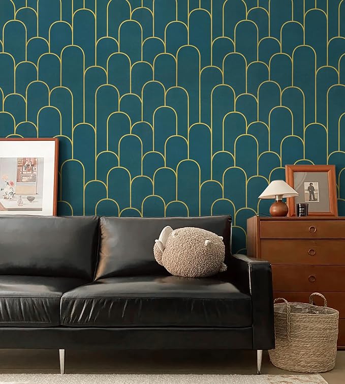Yasinet Peel and Stick Wallpaper Green and Gold Wallpaper Modern Dark Green Contact Paper Gold Geometric Removable Self Adhesive Wall Paper for Bedroom/Cabinet Waterproof Bathroom Vinyl 393.7" x 17.3"