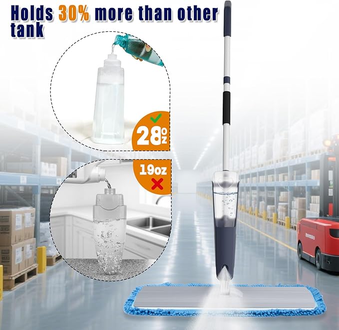 24" Dry mops for Floor Cleaning, Microfiber mop Spray System, Commercial Heavy-Duty Wet mops with 28oz Big Tank, 2 Washable Pads (Commercial Blue, 24inch-1Pack)