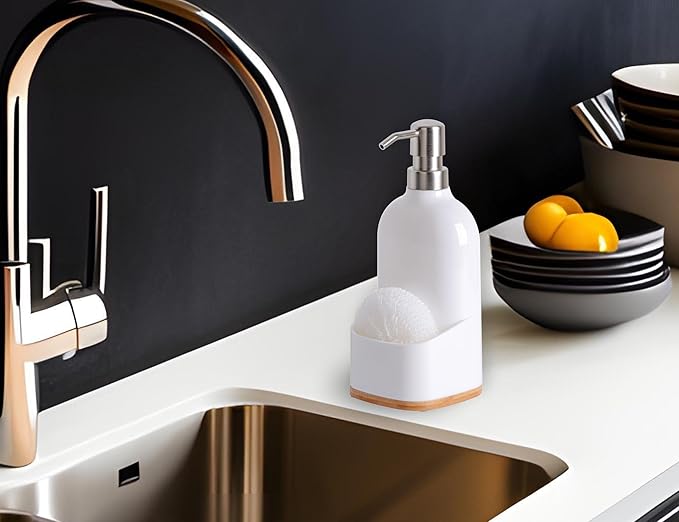 Kitchen Soap Dispenser with Sponge Holder, Refillable Acrylic Dish Soap Dispenser 17oz for Kitchen Sink and Bathroom, Anti Slip, Countertop Home Decor (White)