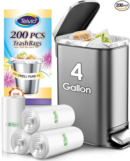 Teivio Small Trash Bags 4 Gallon 200 Counts Garbage Bags, Bathroom Trash Can Bin Liners, Small Plastic Bags for home office kitchen, fit 12-15 Liter, 3,3.5,4.5 Gal, Clear