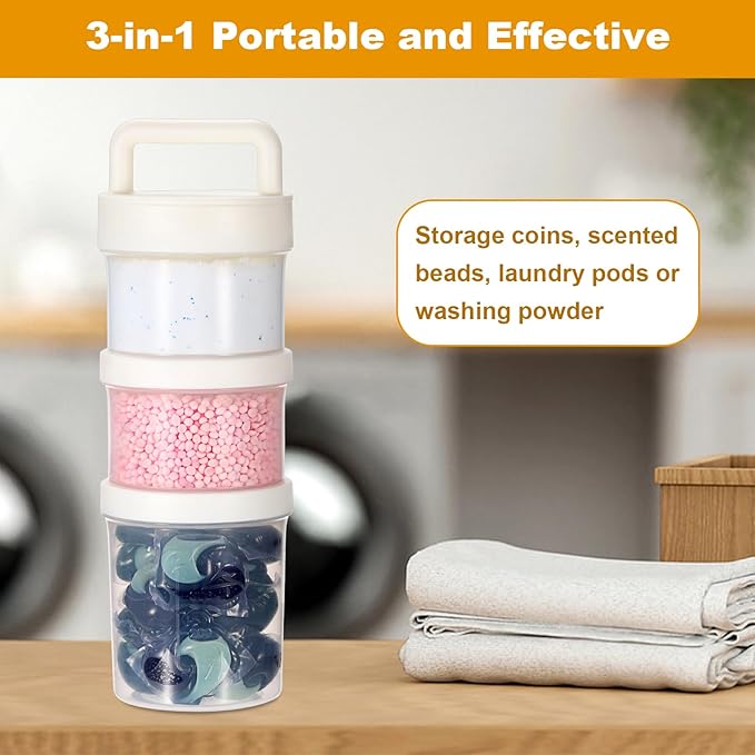 Portable Laundry Detergent Dispenser with Handle, Stackable Laundry Storage Containers for Apartments and Dorms, Small Plastic Detergents Organizer for Scent Booster Pods Tablets Powder-3 Tier