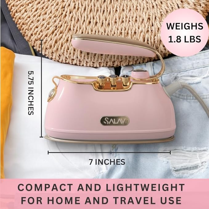 SALAV® Retro Edition Duopress Handheld Garment Steamer & Iron, Ceramic Plate, 1000W, No Drip Steam, Vertical & Horizontal Steam, Rose - Removes Wrinkles & Refreshes Clothes, Vintage Style