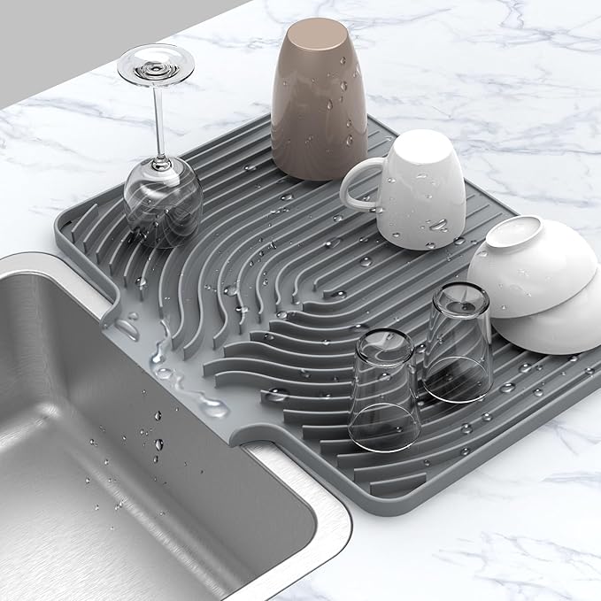Silicone Drying Mat for Kitchen Counter , Dish Drying Rack Matt with Built in Drain, Small Dry Mats for Dishes Drying Pad for Kitchen Counter (20×15.7inch Extra Large, gray)