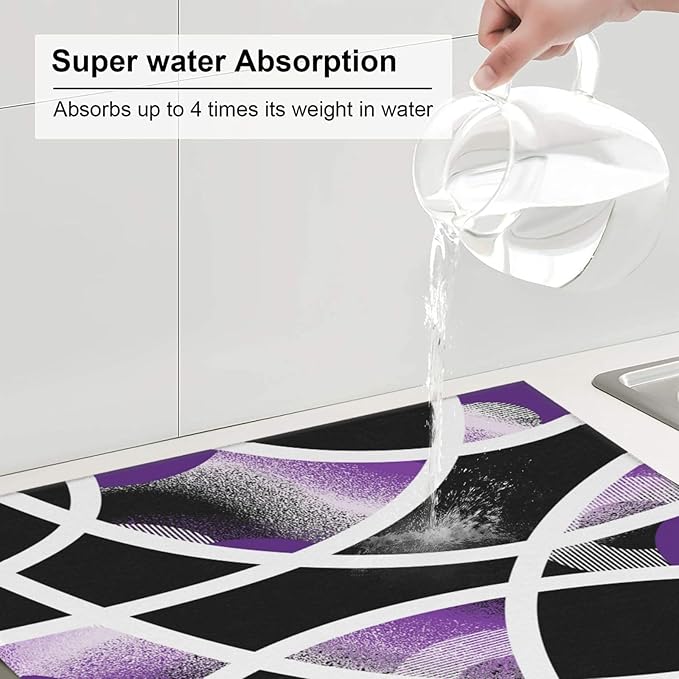 Purple Black White Geometric Abstract Dish Drying Mat for Kitchen Counter & Sink, Absorbent Microfiber Drying Pad for Dishes, Foldable Modern Art Kitchen Mat for Dining Area & Home Decor, 16" x 18"