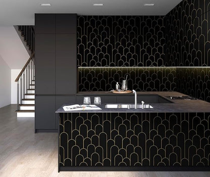 Yasinet Peel and Stick Wallpaper Black and Gold Wallpaper Modern Geometric Contact Paper for Bedroom Black Removable Self Adhesive Waterproof Wall Paper for Bathroom cabinets Vinyl 17.3”x393.7”