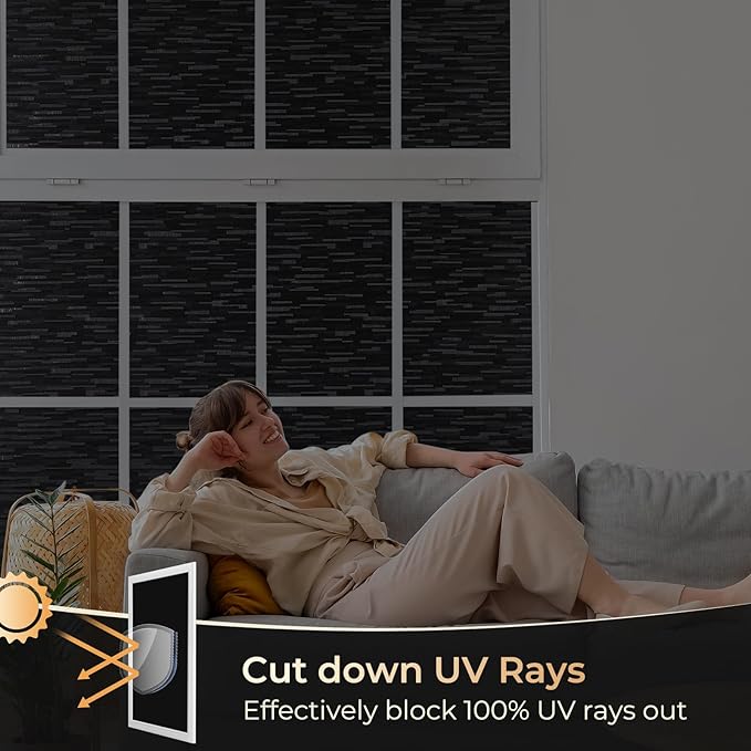 rabbitgoo Blackout Window Film, Sun Blocking Privacy Film for Room Darkening, Removable Black Out Vinyl Cover Tint for Home Day Sleep, Anti-UV Frosted Glass Clings, Black, 17.5 x 157.4 Inches