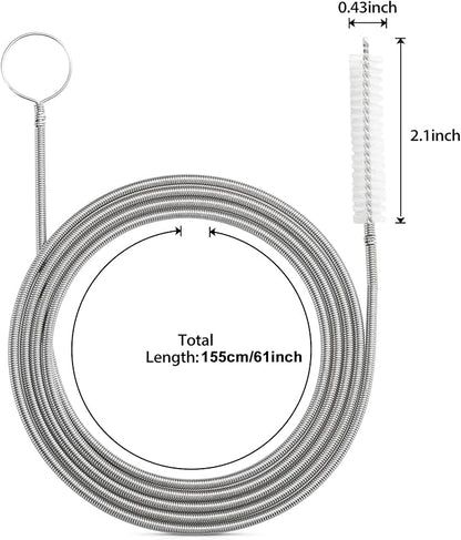 Extra-Thick Drain Brush with Stronger Spring 61-Inch Stainless Steel and Nylon Pipe Cleaner for Flexible, Curved & Slim Holes, Stronger Spring Version