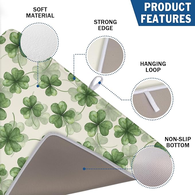 St Patrick's Day Green Clover Dish Drying Mat for Kitchen Counter Spring Holiday Watercolor Lucky Shamrock Drying Mat 18x24 Inch Absorbent Dish Drainer Mat Kitchen Accessories