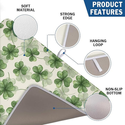 St Patrick's Day Green Clover Dish Drying Mat for Kitchen Counter Spring Holiday Watercolor Lucky Shamrock Drying Mat 18x24 Inch Absorbent Dish Drainer Mat Kitchen Accessories