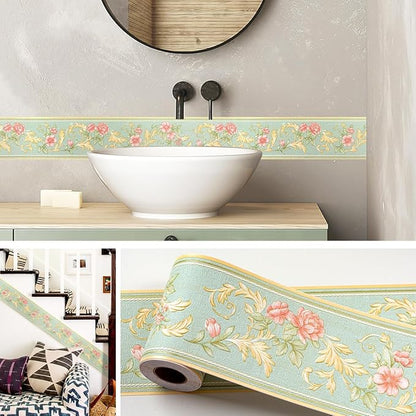 AbaBoorty Green Floral Wallpaper Border Decor 196"X4.1" Peel and Stick Wall Border Waterproof Tiles Sticker Wallpaper Self Adhesive Removable Wall Stickers for Bedroom Living Room Decor