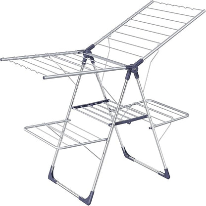 Clothes Drying Rack, Foldable 2-Level Laundry Drying Rack with Height-Adjustable Wings, for Clothing & Bedding, Free-Standing Space-Saving Rack, Indoor & Outdoor, 55.5"L × 22.8"W, Silver Blue