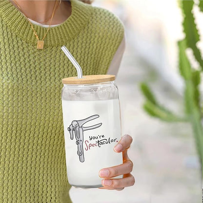 Midwife Doctor Nurse Gifts Iced Coffee Glass Cup, You're Spec-Tacular Glass Cup with Lids and Straws 14oz, Midwife Thank You Gifts Coffee Tumbler Drinking Jars with Cleaning Brush