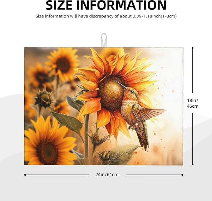 Hummingbird Sunflower Dish Drying Mats for Kitchen Counter, Absorbent Reversible Microfiber Dish Drying Pad, Multi-Use Large Drying Mat Coffee Bar Accessories 18"x24"