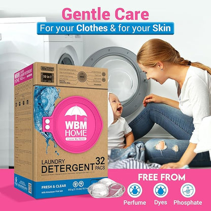 WBM Home Laundry Detergent Pods, 32 Count | Fresh & Clear Unscented | Laundry Pods 10x Ultrapower Cleaning With Color Protection and Eco-Friendly Packaging