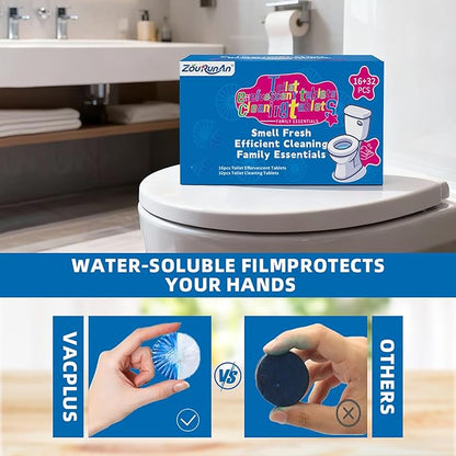 2-in-1 Toilet Cleaning Tablets (24 Pack) - 8 Effervescent Toilet Bowl Stain Remover and 16 Blue White Toilet Tank Cleaner Tablets - Limescale Removal for Septic System