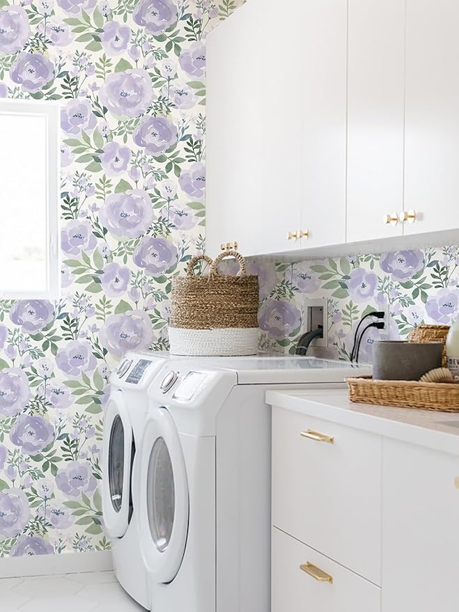 Orainege Floral Wallpaper Peel and Stick Wallpaper Floral Contact Paper 16.9in x118.1in Boho Peony Self Adhesive Removable Wall Paper for Bedroom Decor Vinyl, Purple