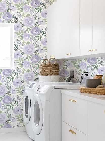 Orainege Floral Wallpaper Peel and Stick Wallpaper Floral Contact Paper 16.9in x118.1in Boho Peony Self Adhesive Removable Wall Paper for Bedroom Decor Vinyl, Purple