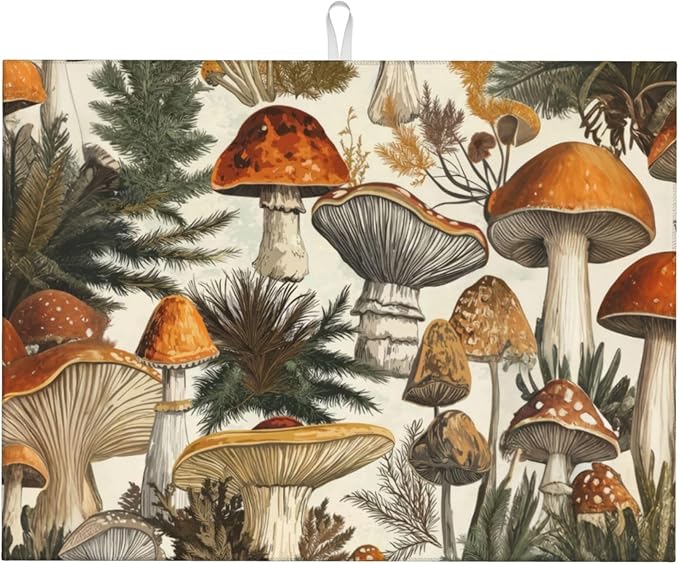 Mushroom Forest Dish Drying Mats for Kitchen Counter, Absorbent Reversible Microfiber Dish Drying Pad, Multi-Use Large Drying Mat Coffee Bar Accessories 18"x24"