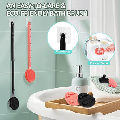 Silicone Back/Face Scrubber & Soft Bath Glove 3PCS, 16''- 24'' Extendable Shower Back Scrubber, 360° Anti-Slip & Hand-fit Silicone Bath Glove, Manual Face Brush for All-Round Cleaning(Pink)