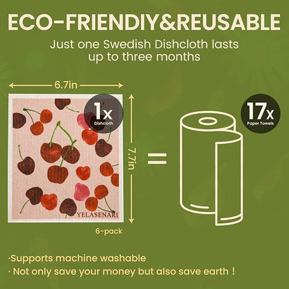 Swedish Dishcloths for Kitchen Reusable 6 Pack Kitchen Towels No Odor Quick-Drying Reusable Paper Towels Reusable Paper Towels Washable for Countertop, Sink, and Kitchen Fruit