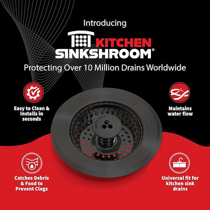 Kitchen SinkShroom Clog-Free Kitchen Sink Drain Strainer with Stopper - Sink Protector for Kitchen Sink, Stainless Steel, Matte Black