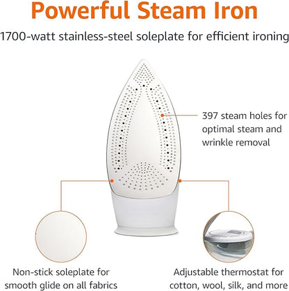 Amazon Basics Steam Iron for Clothes with Safety Auto Shut-Off, Handheld Garment Steamer, Wrinkle Remover, Stainless Steel Soleplate, Anti-Drip, 1700-Watt, 1.62ft, Gray