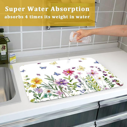 Wildflower Dish Drying Mat for Kitchen 24x18 Inch Colorful Floral Butterfly Drying Mat with Absorbent Reversible Microfiber Season Spring Dish Drainer Mats Rack Pad for Coffee Countertop Protector