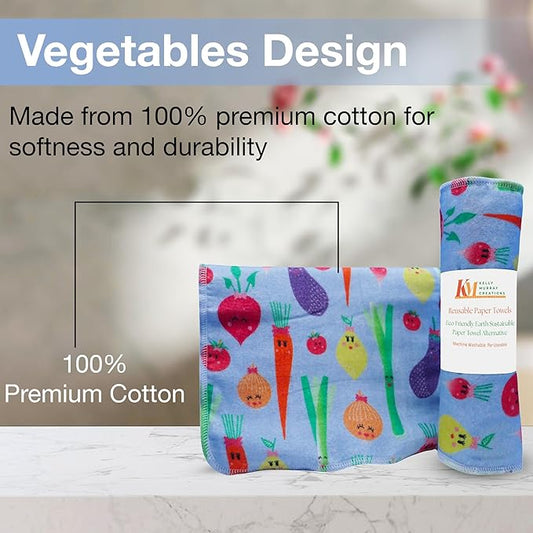 Pack of 10 Reusable Paper Towels | 10x10 Inch Cotton Towels | Kitchen Utensils Print | Eco Friendly, Washable, Quick Drying | Sustainable Cleaning Cloths | Vegetables