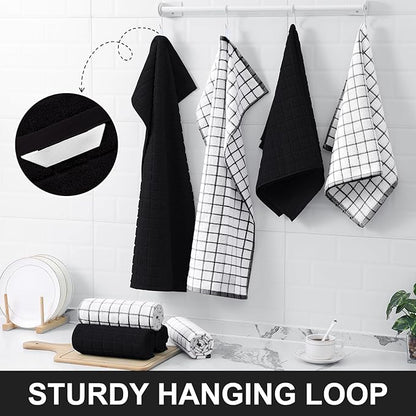 Homaxy Premium Cotton Kitchen Towels 16"x 28", Large Natural Ring Spun 390 GSM Dish Towels, Super Absorbent Terry Kitchen Hand Towels, Soft Tea Towels with Hanging Loop, Black Check Design, 6 Pack