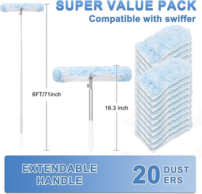 KeFanta Duster Refill Kit with 6 ft Super Extendable Handle Compatible with Swiffer, 360° Disposable Microfiber Dusting Pads for Home Cleaning, Ceiling, Fan, Window, Hard-to-Reach Areas, 20Pcs