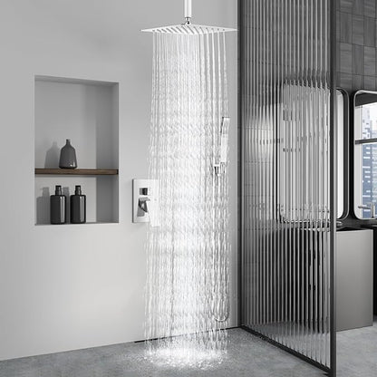 Aolemi Ceiling Mount Shower System Rain Shower Head with Handheld Spray High Pressure Shower Faucet Set Rough-in Valve Shower Trim Kit Included Bathroom Polish Chrome 16 Inch Ceiling Shower Head
