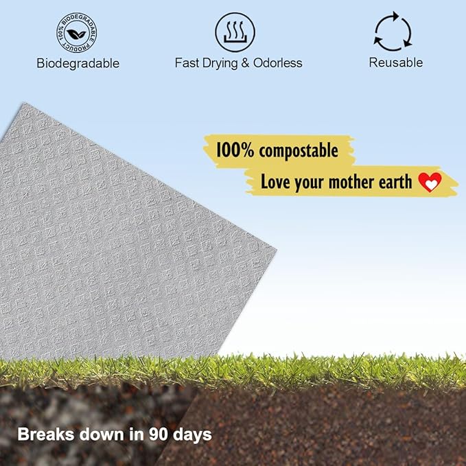 Swedish Dishcloths for Kitchen | 6 Pack Absorbent Cellulose Sponge Cloths Washable | Non-Scratch Reusable Paper Towels Quick Drying Cleaning Cloths - Grey